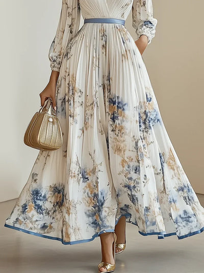 Halston - Elegant V-Neck Puff Sleeves Maxi Dress