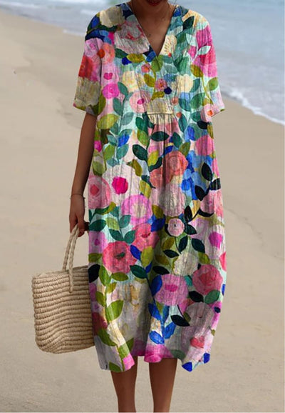 Vivi -  Floral Garden Print Flowy Dress