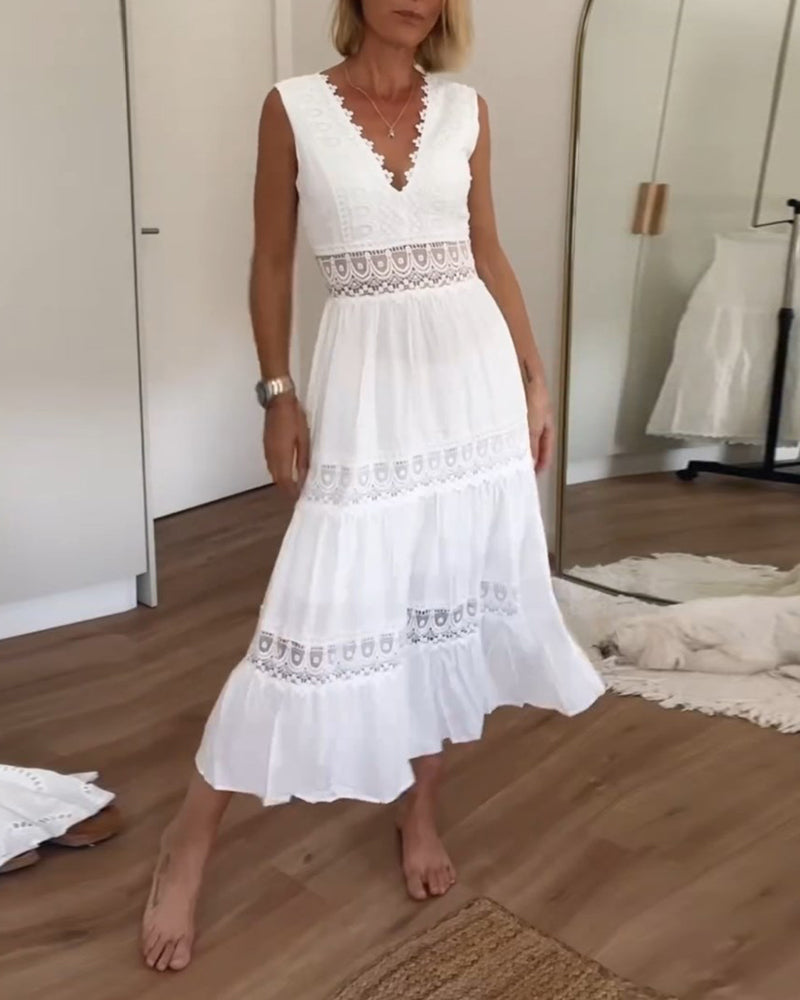 Ninfea™ | Sleeveless Boho-Style Midi Dress with Lace Details