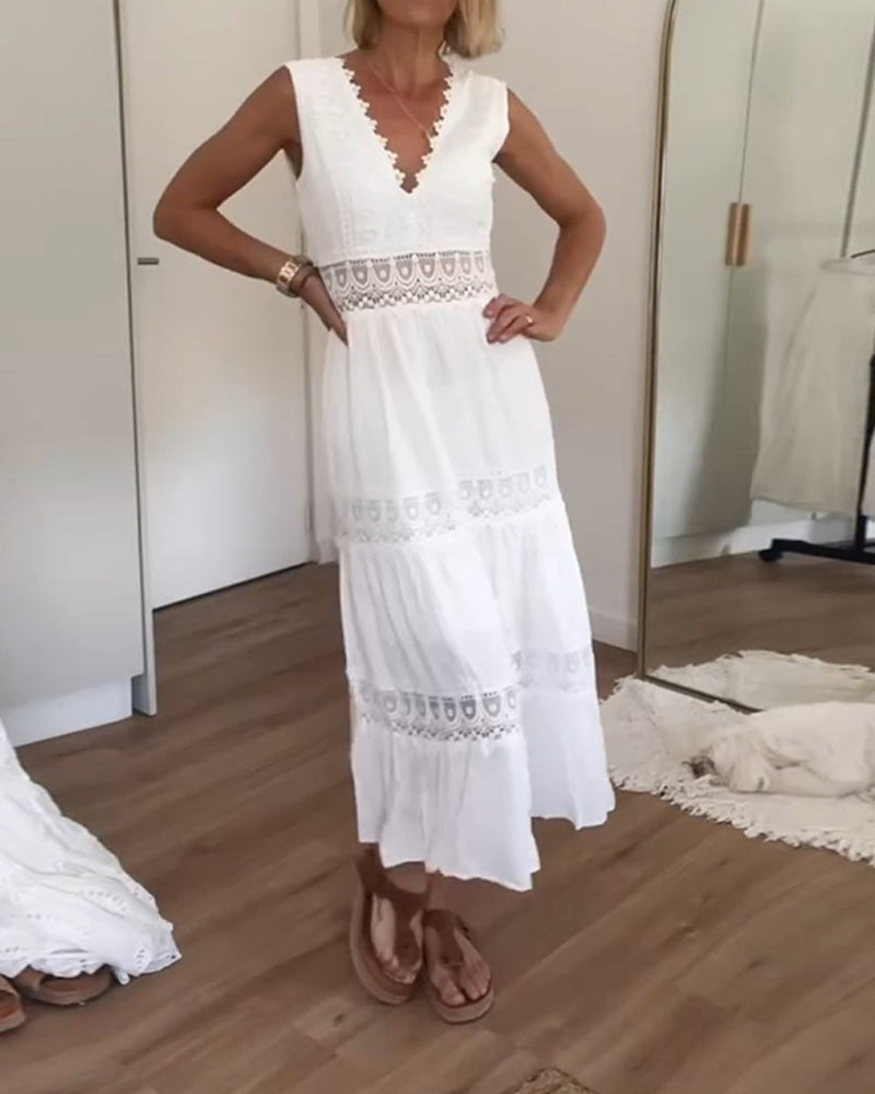 Ninfea™ | Sleeveless Boho-Style Midi Dress with Lace Details