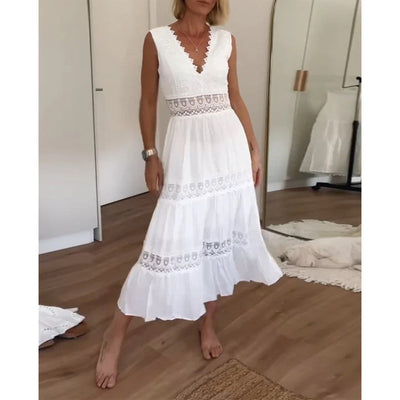 Ninfea™ | Sleeveless Boho-Style Midi Dress with Lace Details